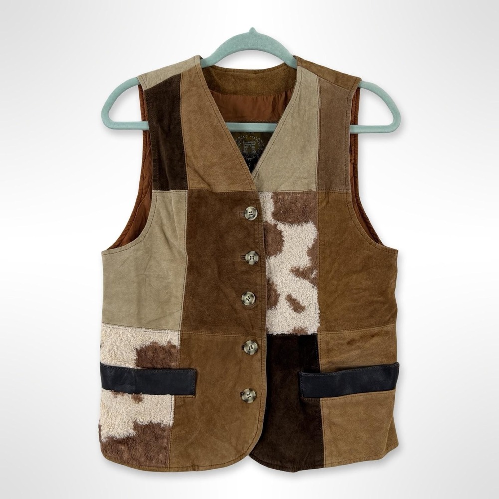Express Mens‎ XS Brown Suede Cowhide Patchwork Western Ranch Leather Vest